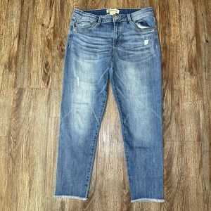 Democracy Women's Ankle Skimmer Jeans Sz 12 Blue Distressed Stretch Raw Hem